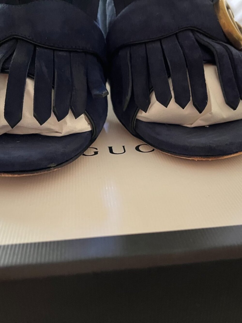 Gucci GG Marmont Fringe Suede Mule Sandals Blue Ink 38.5 w/ Box Dust Bag - Picture 6 of 10